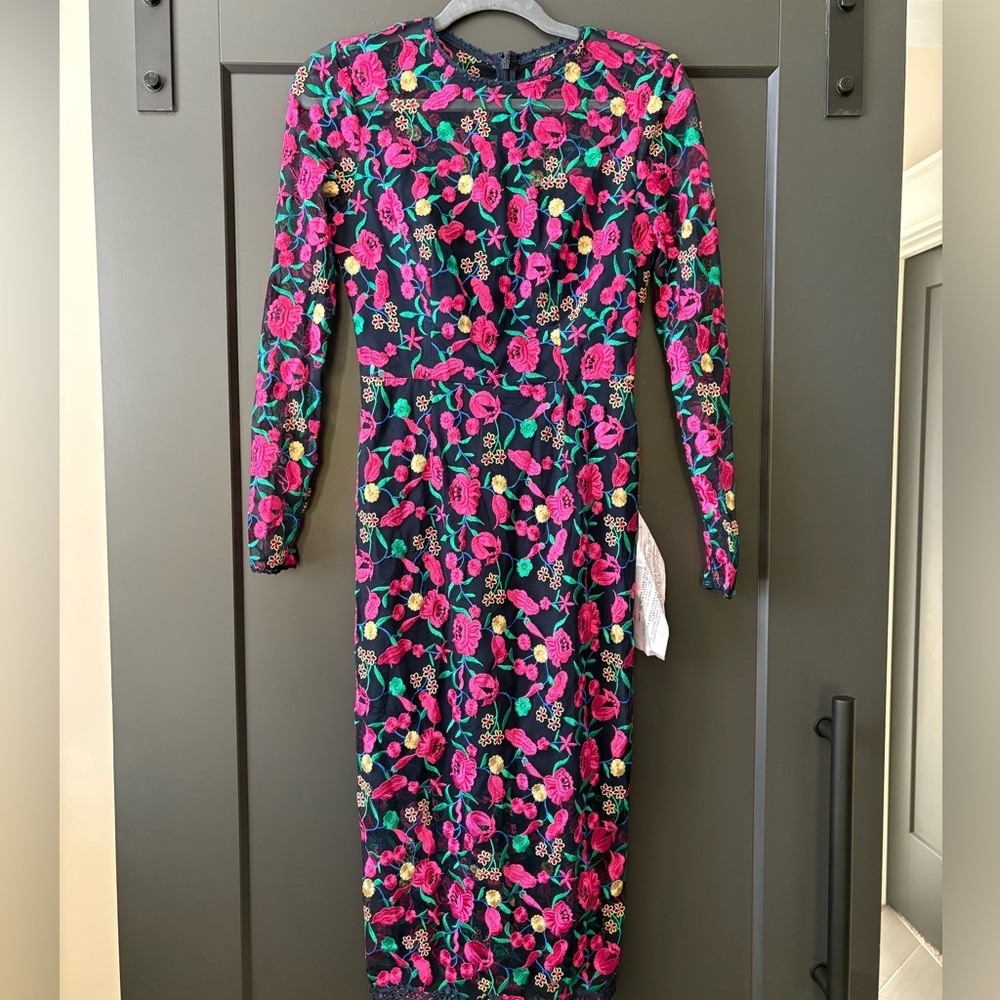 Dress the Population Navy Long Sleeve Dress with Pink Floral Print
